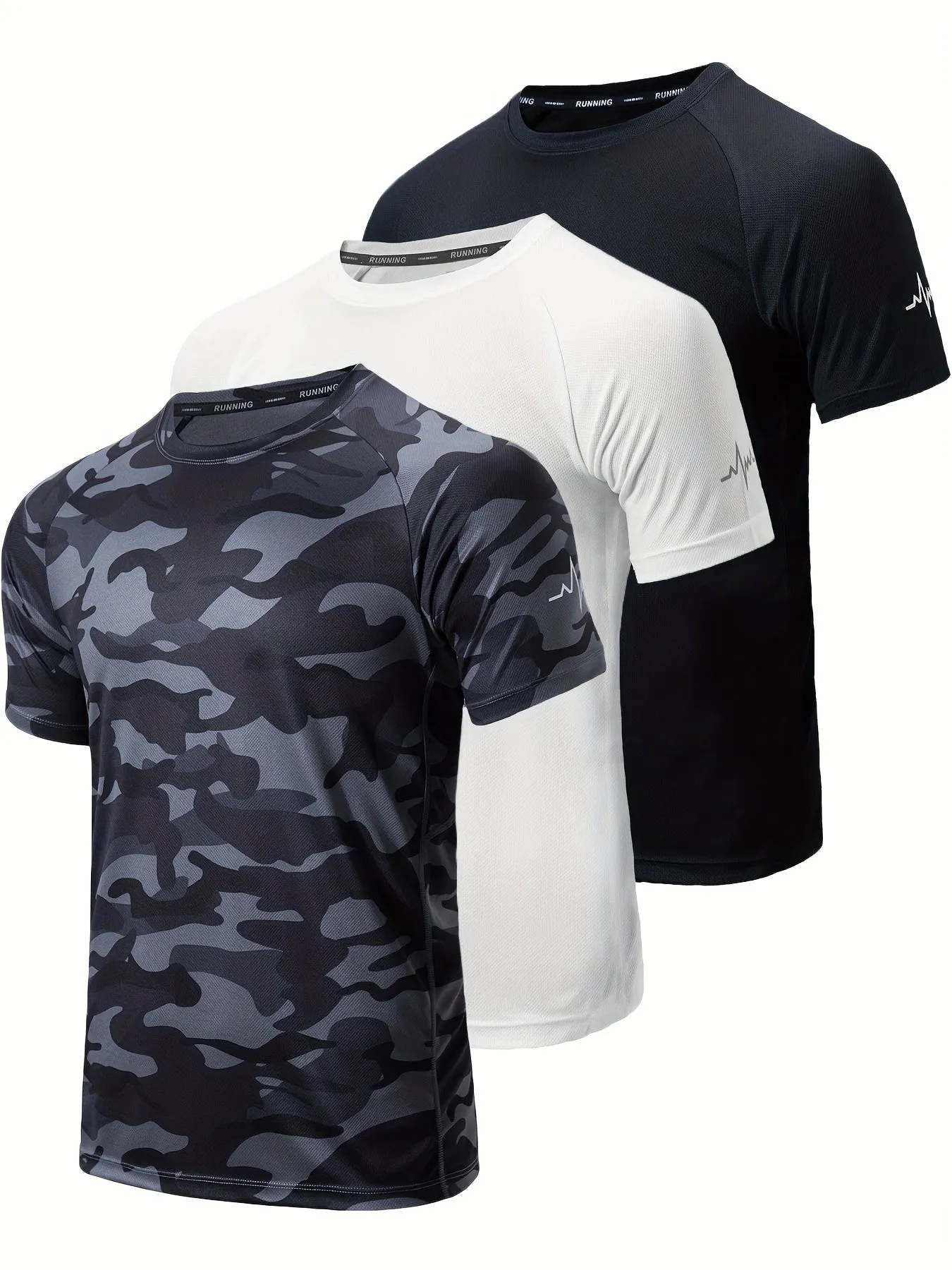 3-Pack Men's Athletic Short Sleeve Crew Neck Shirts - Moisture-Wicking Undershirts with Electrocardiography Print