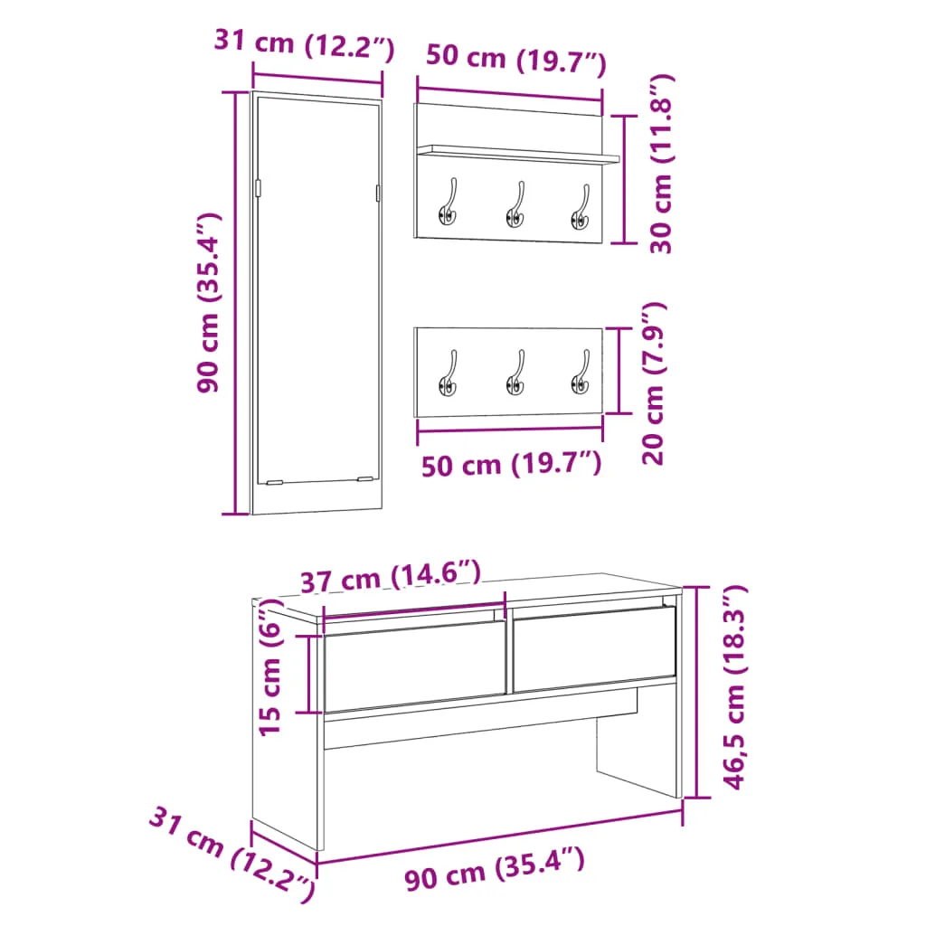 4 Piece Hallway Furniture Set Smoked Oak Engineered Wood