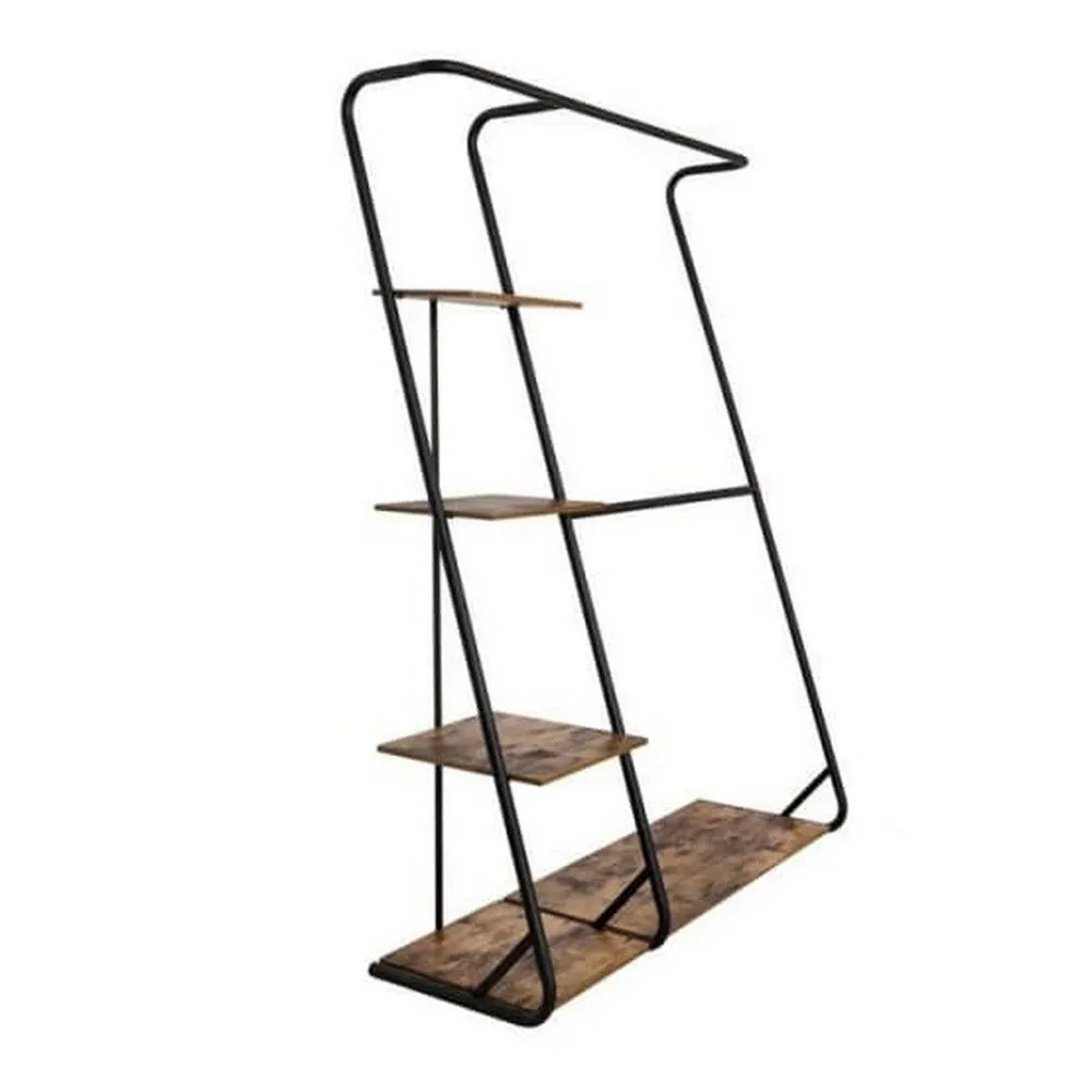 68 Inch Clothing Hanging Rack, 3 Shelves, Z Shaped Black Metal Frame, Wood By Casagear Home