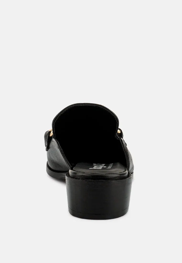 AKSA Chain Embellished Black Leather Mules