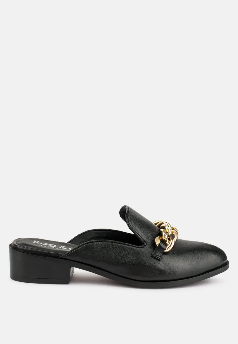 AKSA Chain Embellished Black Leather Mules