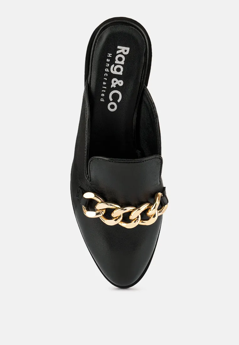 AKSA Chain Embellished Black Leather Mules