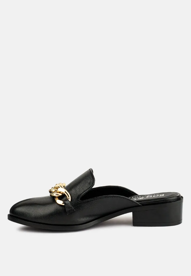 AKSA Chain Embellished Black Leather Mules