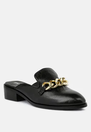 AKSA Chain Embellished Black Leather Mules