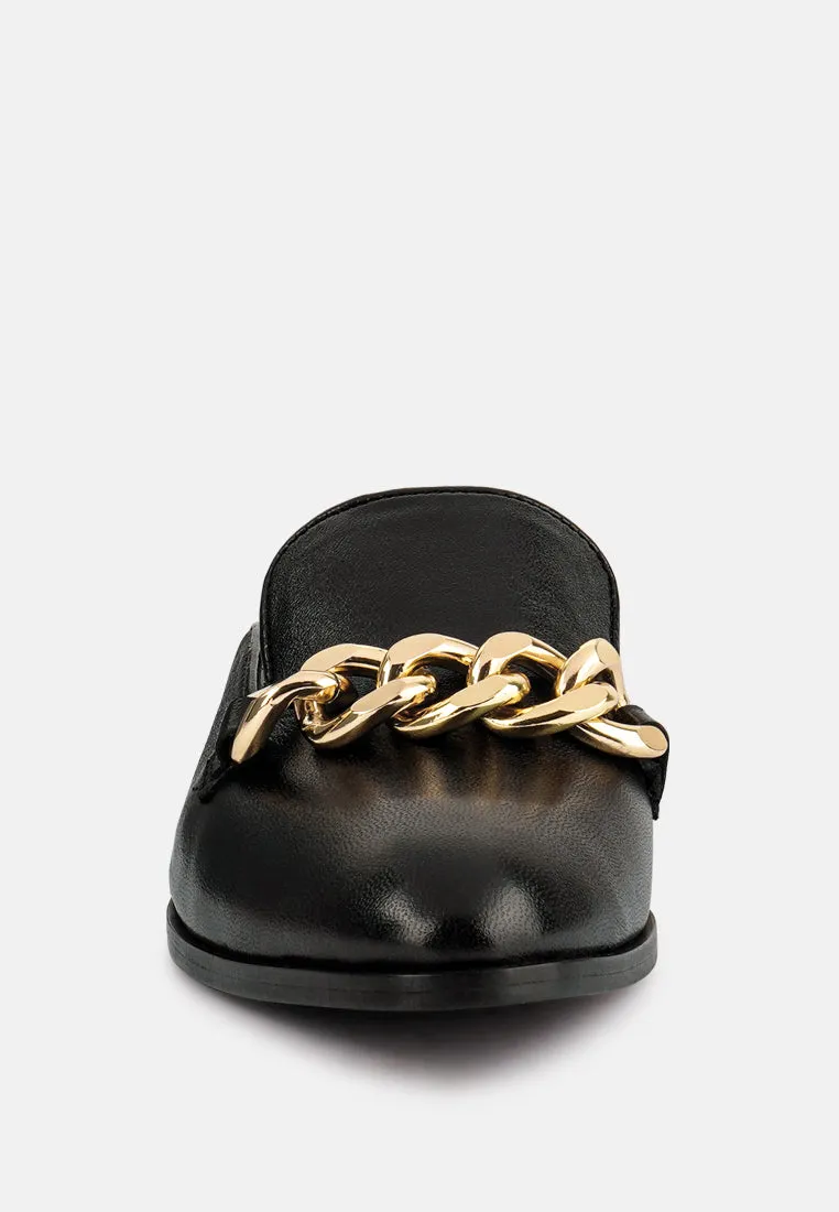 AKSA Chain Embellished Black Leather Mules