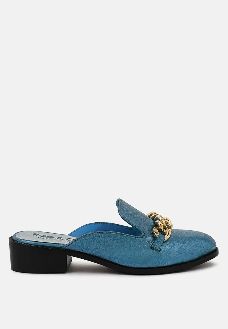 AKSA Chain Embellished Metallic Blue Leather Mules