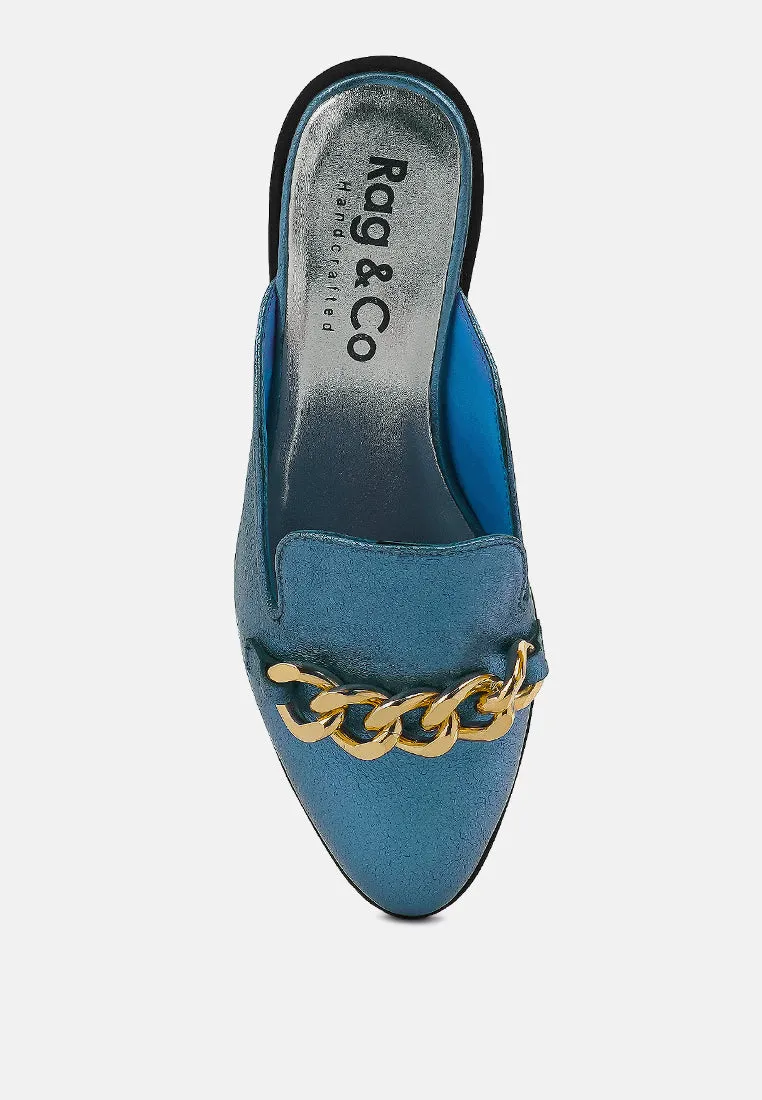 AKSA Chain Embellished Metallic Blue Leather Mules