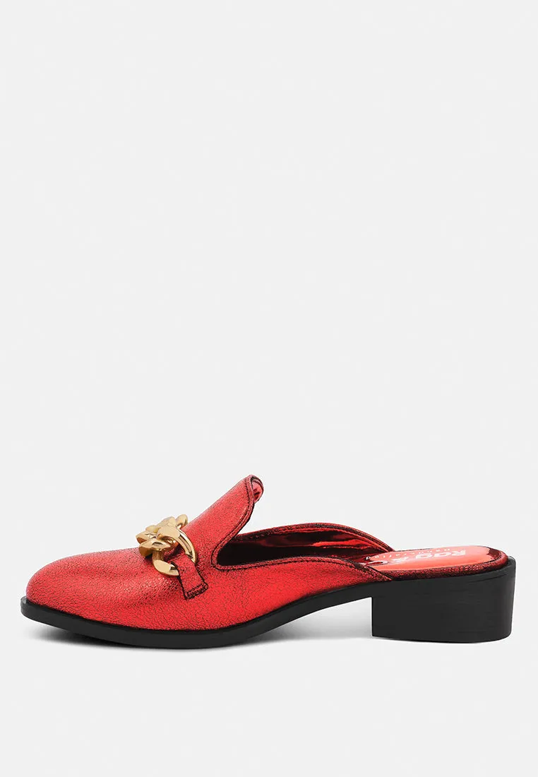 AKSA Chain Embellished Metallic Red Leather Mules