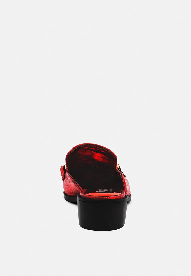 AKSA Chain Embellished Metallic Red Leather Mules