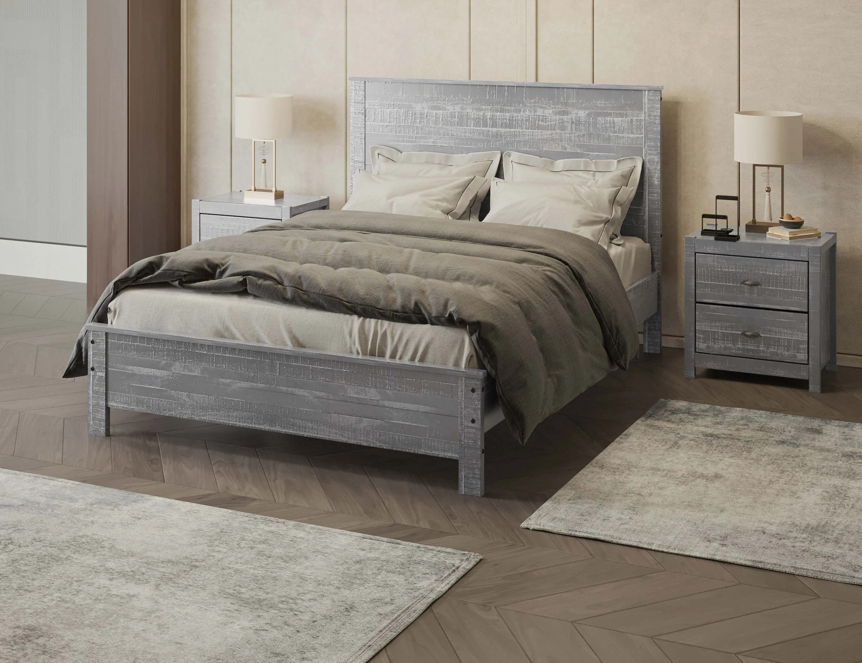 Albany Solid Wood Grey Bed Wooden-Full