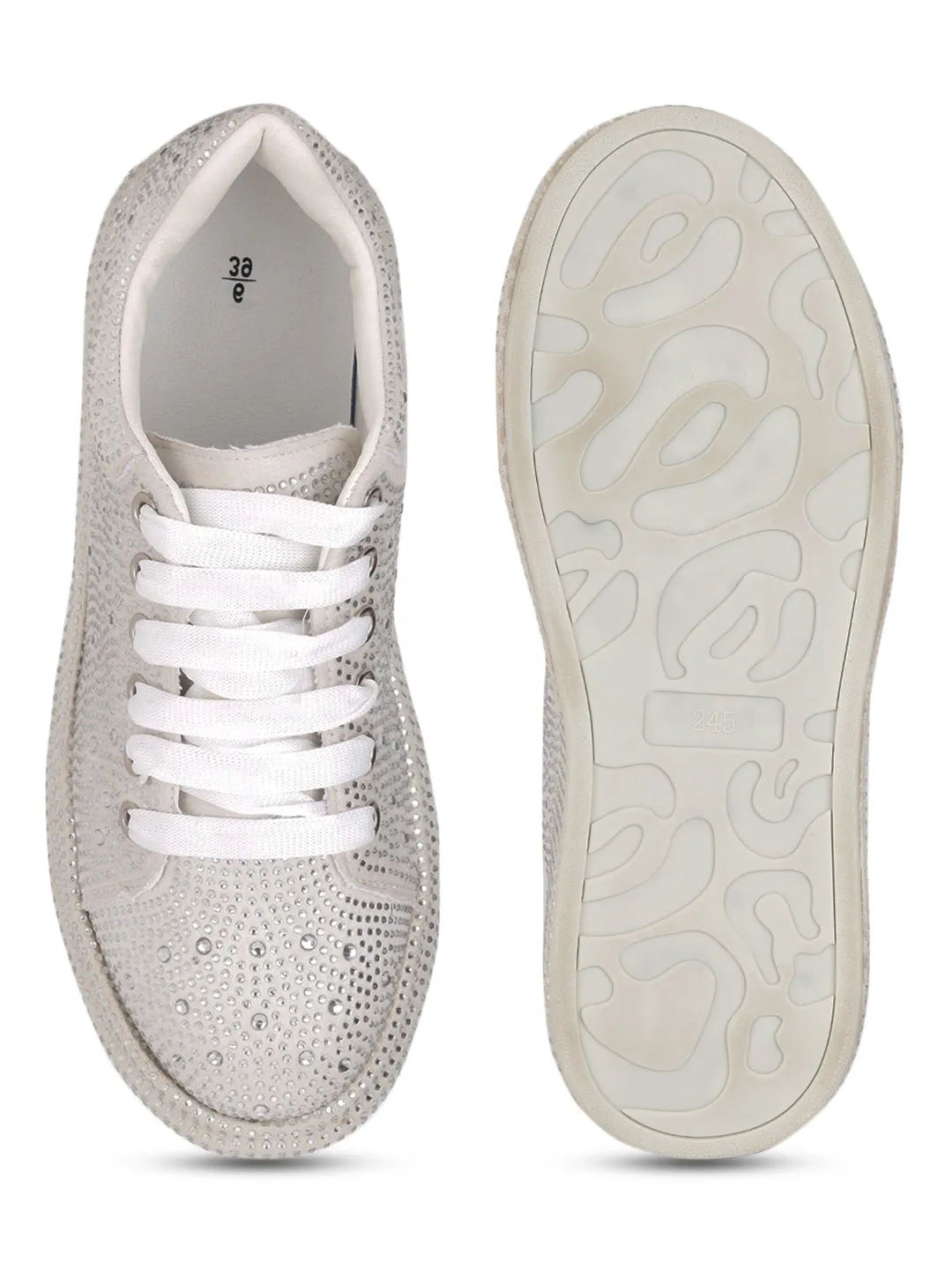 Beige Diamante Embellished Lace-Up Sneakers (TC-RS3653-BEIG)