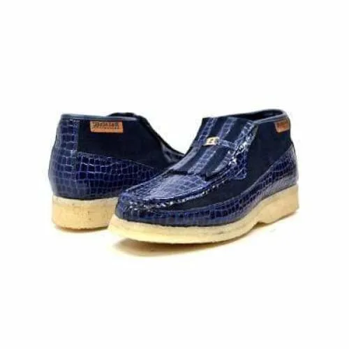 British Walkers Apollo Croc Men's Navy Blue Crocodile Leather and Suede Crepe Sole Boots