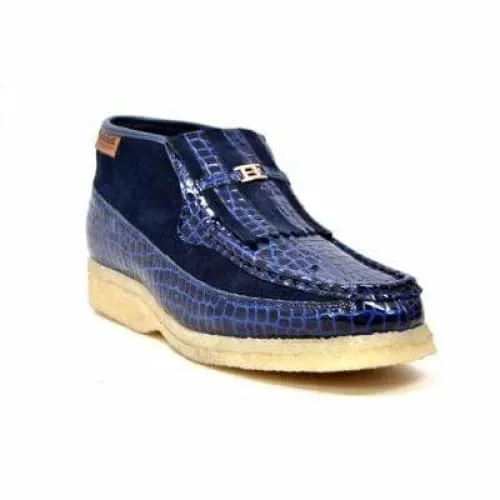 British Walkers Apollo Croc Men's Navy Blue Crocodile Leather and Suede Crepe Sole Boots