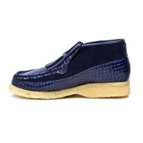 British Walkers Apollo Croc Men's Navy Blue Crocodile Leather and Suede Crepe Sole Boots