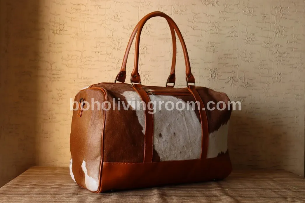 Cowhide Travel Weekender Bag Brown White