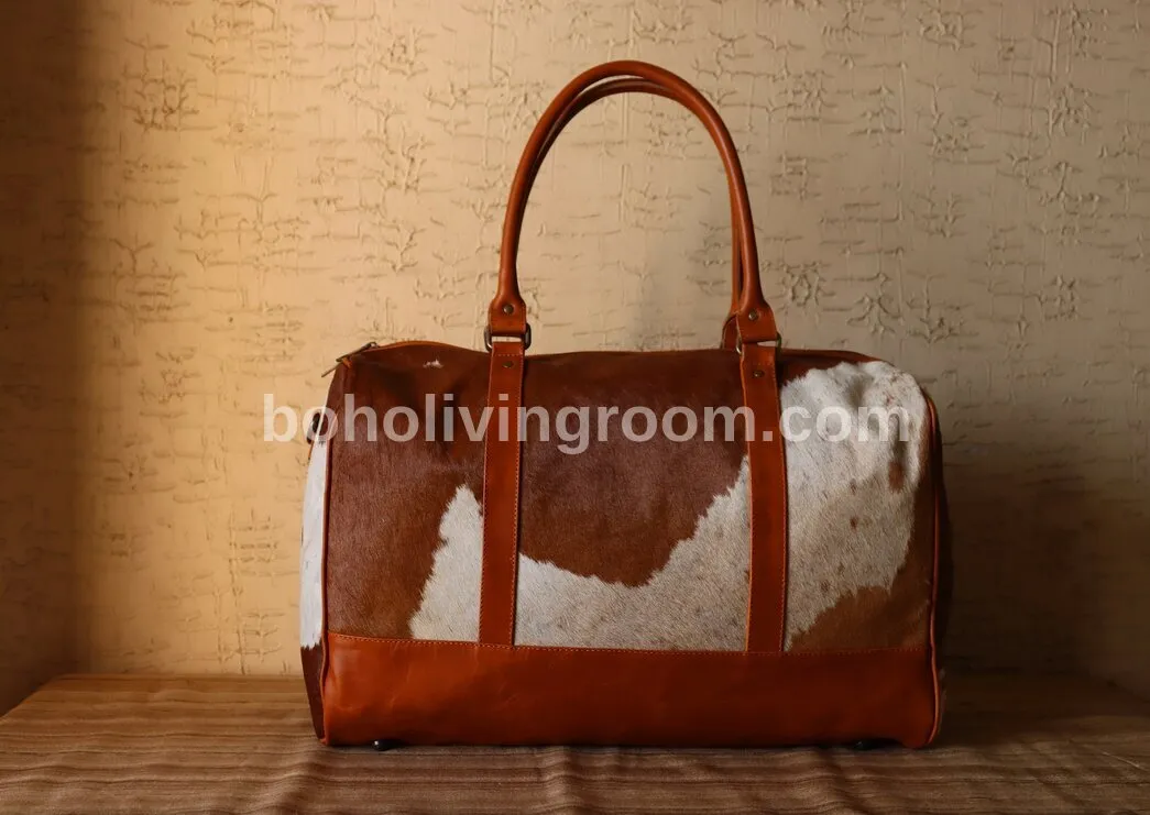 Cowhide Travel Weekender Bag Brown White