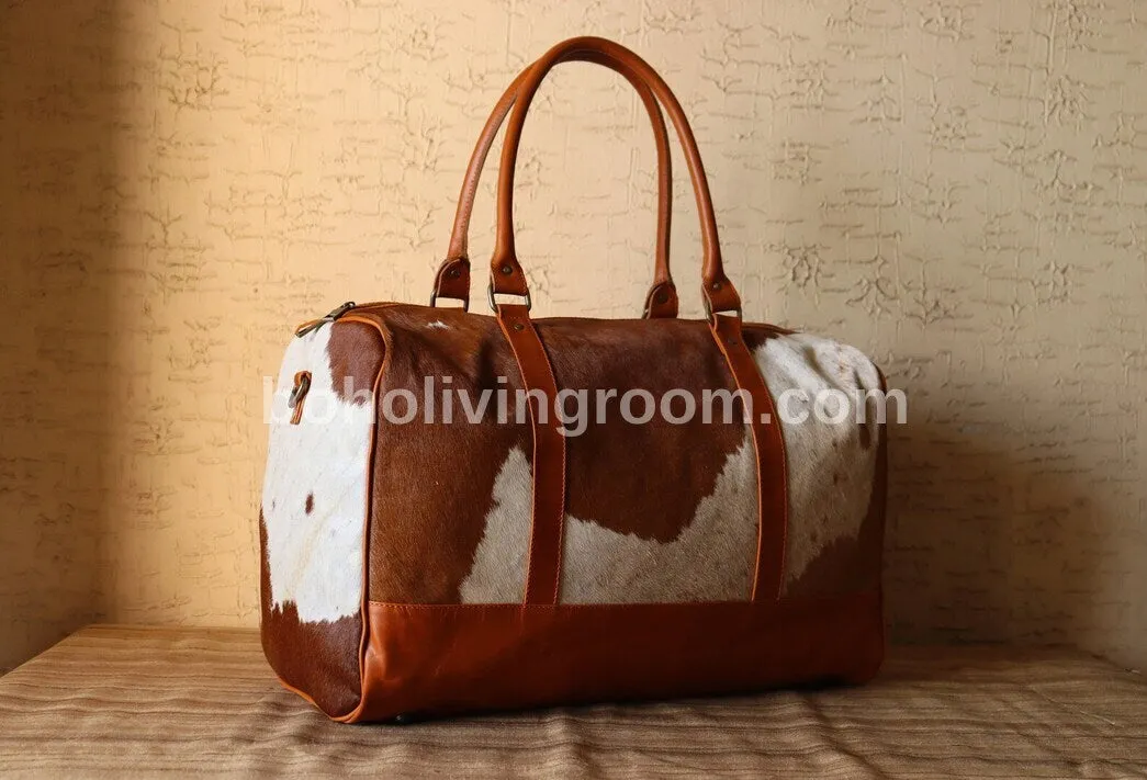 Cowhide Travel Weekender Bag Brown White