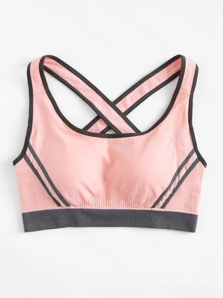 Criss Cross Back Contrast Piping Sports Bra