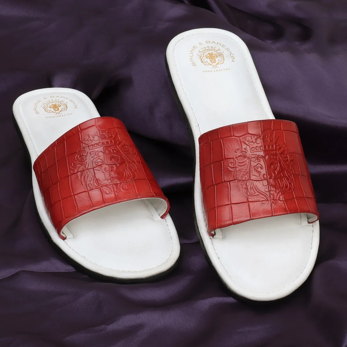 Dual Color Red/White Whole Deep Cut Croco Leather Slide-In-Slippers by Brune & Bareskin