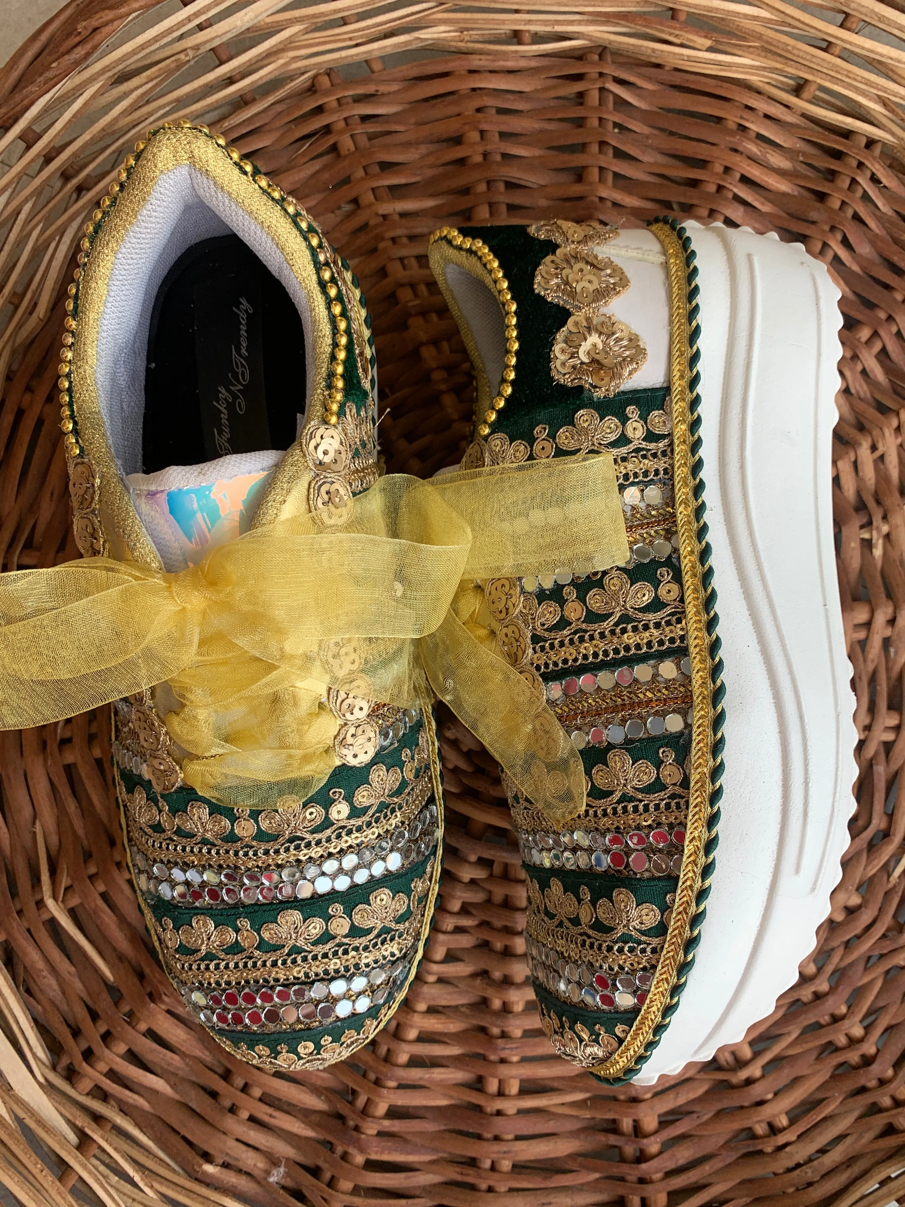 FUNKY N TRENDY green sneakers for brides /gold and green embroidered sneakers/ handcrafted sneakers/ golden sneakers / bridal sneakers / bridesmaid sneakers/ golden hand work sneakers/green sneakers