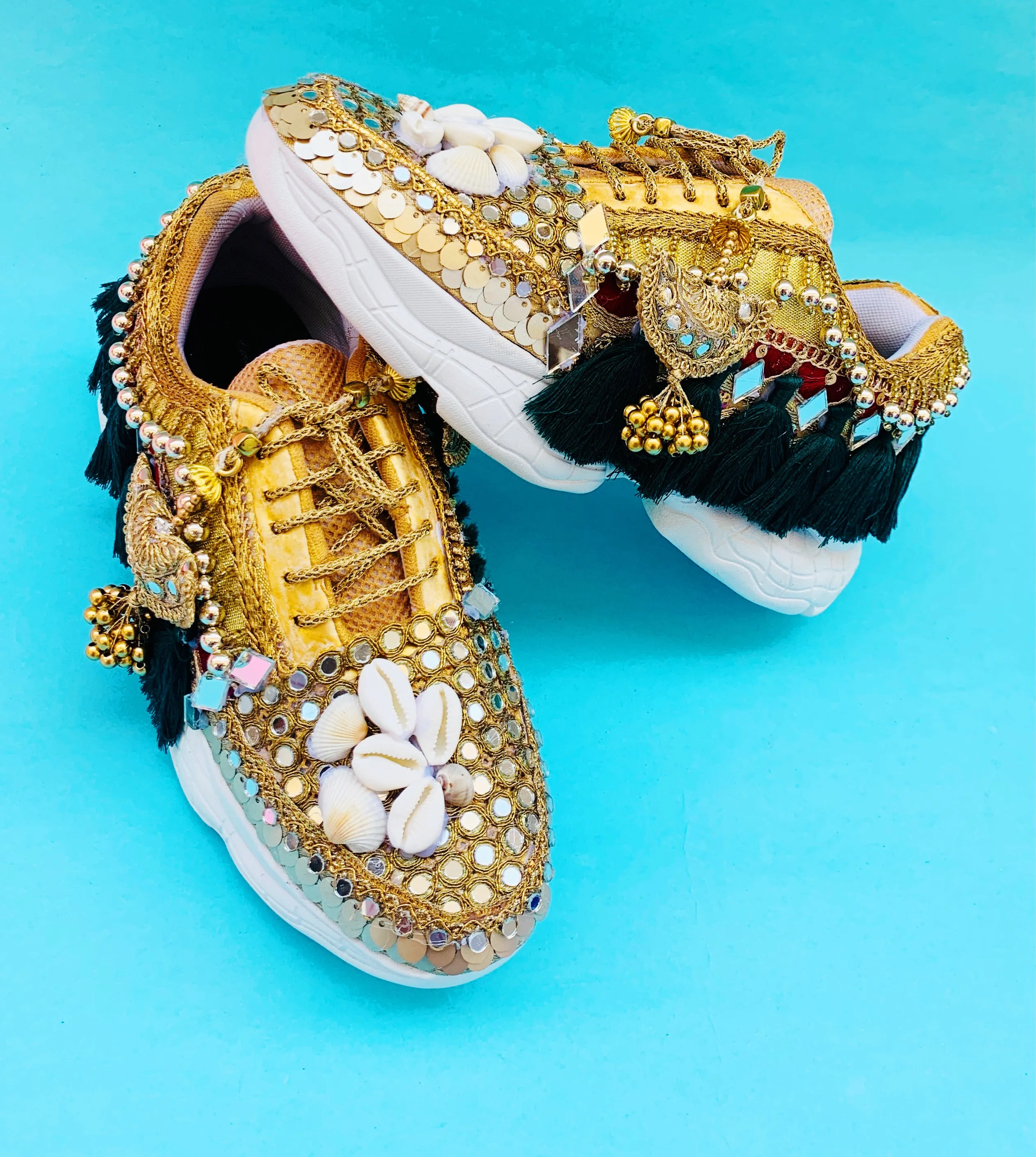 FUNKY N TRENDY hand crafted golden bridal sneakers/ gold sneakers / green sneakers / green and gold sneakers / shells sneakers / golden mirror sneakers