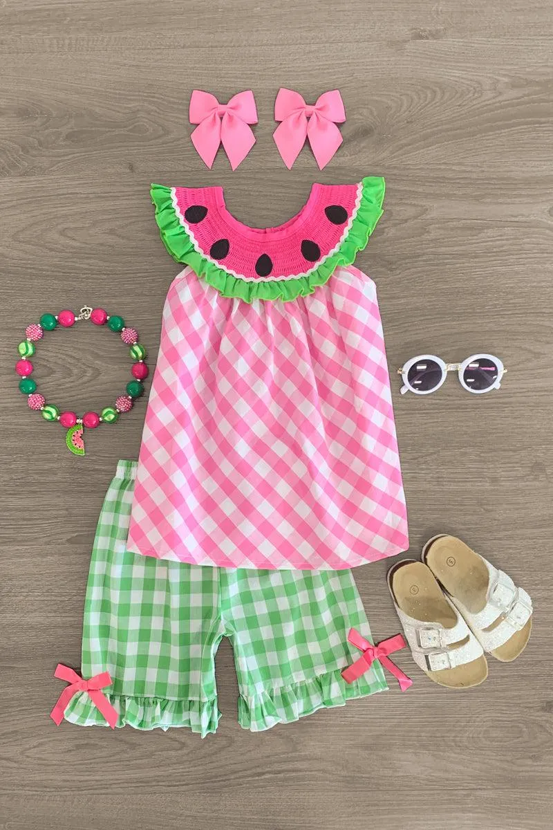 Green & Pink Gingham Watermelon Short Set