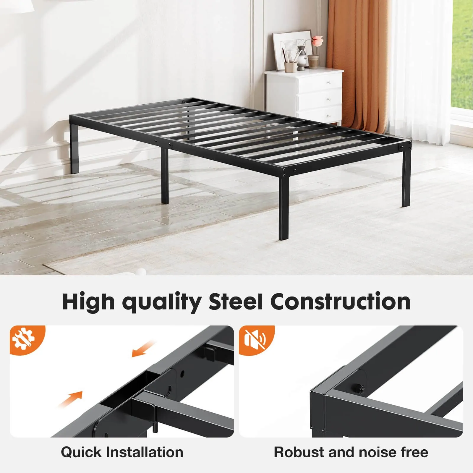 Heavy Duty Metal Bed Frame with Sturdy Steel Slat Support, No Box Spring Needed