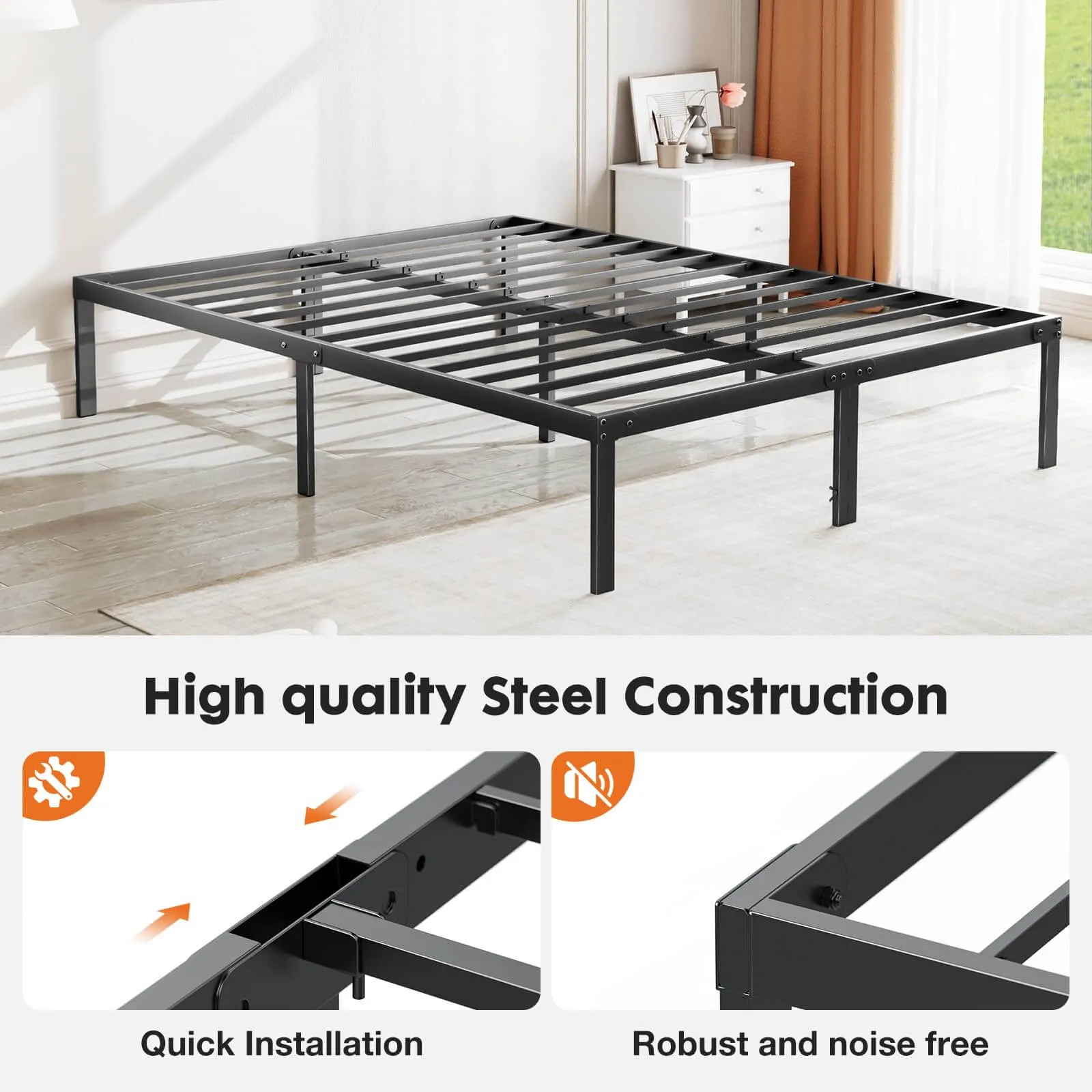 Heavy Duty Metal Bed Frame with Sturdy Steel Slat Support, No Box Spring Needed