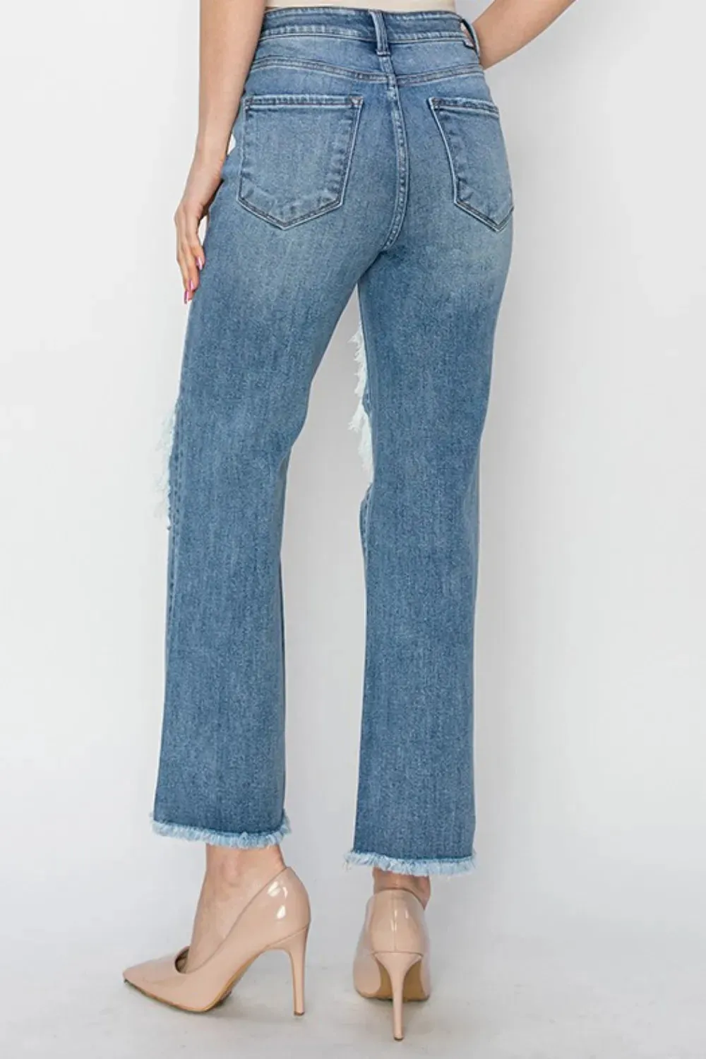 High Rise Distressed Crop Straight Jeans