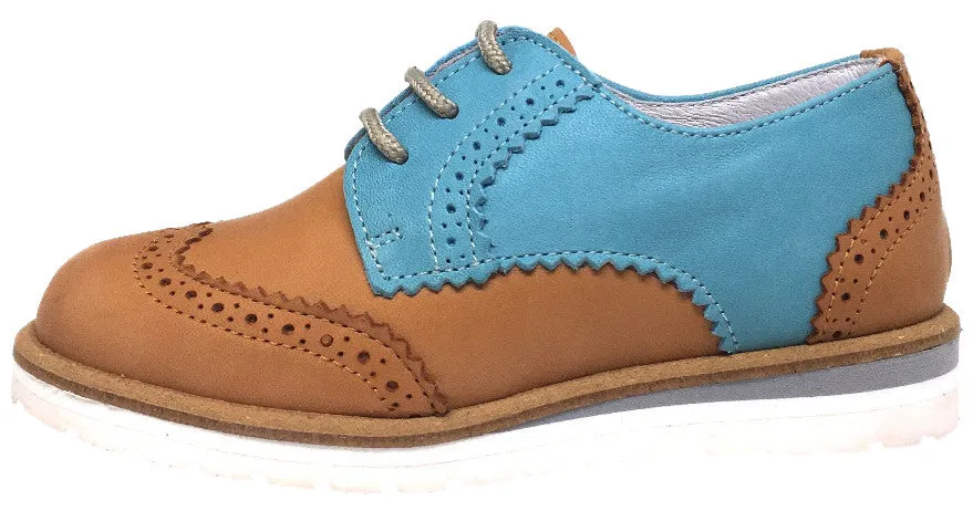 Hoo Shoes Boy's Tan & Turquoise Ralph's Smooth Leather Lace Up Platform Tip Oxford Shoe