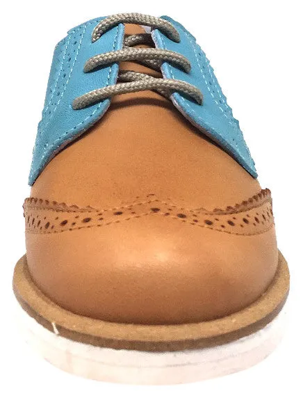 Hoo Shoes Boy's Tan & Turquoise Ralph's Smooth Leather Lace Up Platform Tip Oxford Shoe