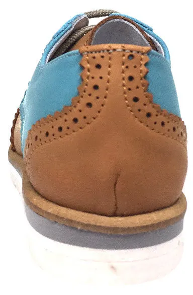 Hoo Shoes Boy's Tan & Turquoise Ralph's Smooth Leather Lace Up Platform Tip Oxford Shoe