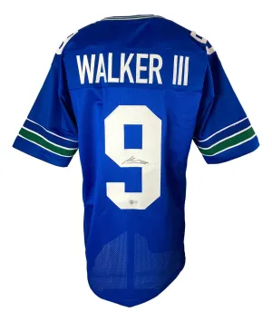 Kenneth Walker III Seattle Signed Throwback Blue Football Jersey BAS