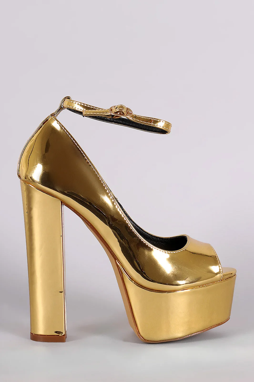 Liliana Metallic Mirror Peep Toe Platform Chunky Heel