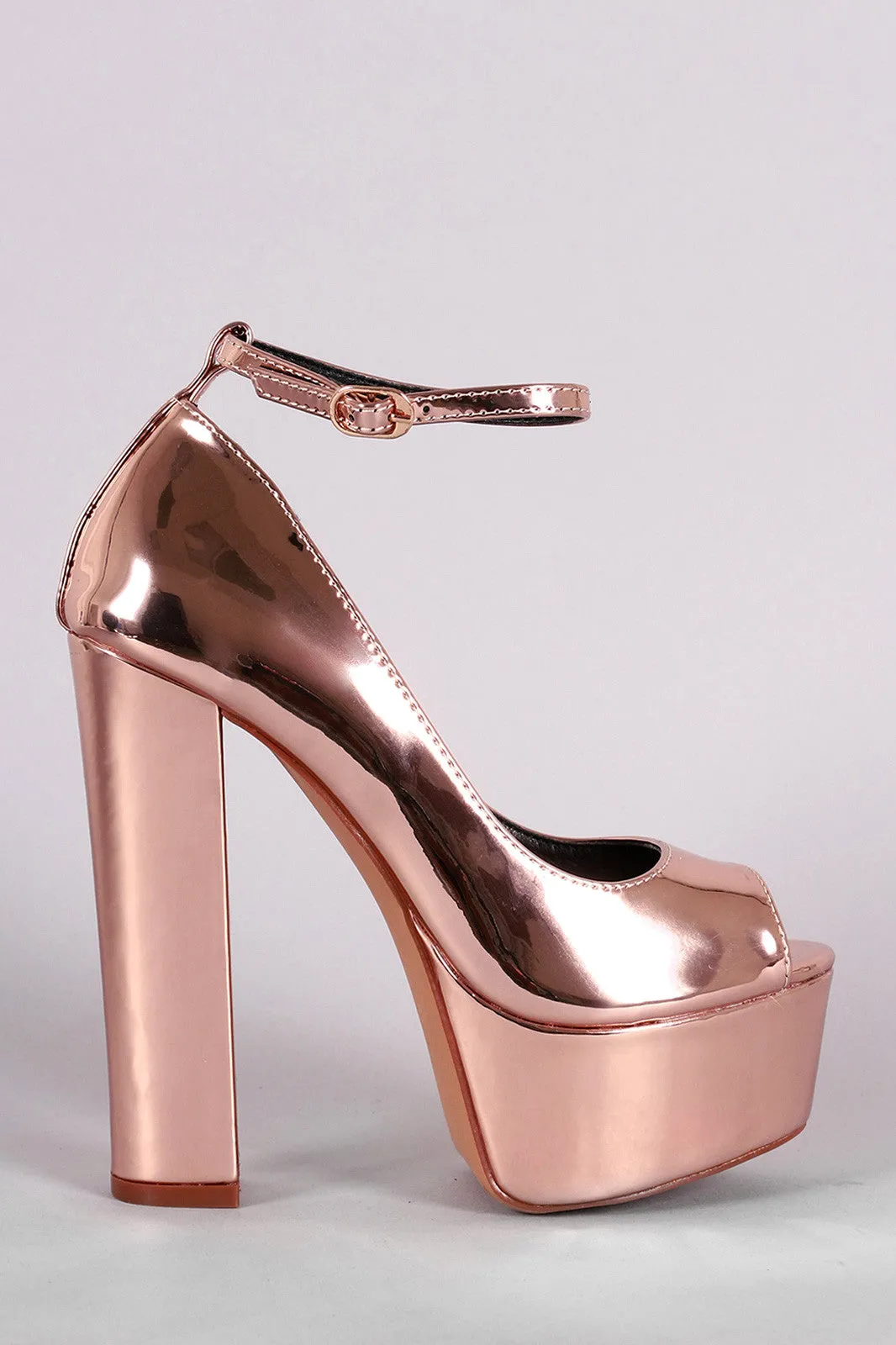 Liliana Metallic Mirror Peep Toe Platform Chunky Heel