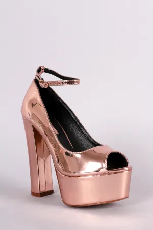 Liliana Metallic Mirror Peep Toe Platform Chunky Heel