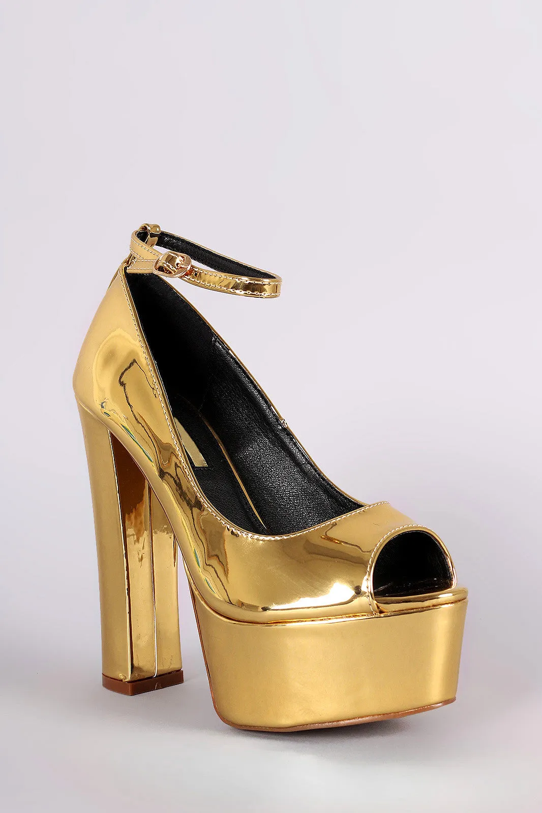 Liliana Metallic Mirror Peep Toe Platform Chunky Heel