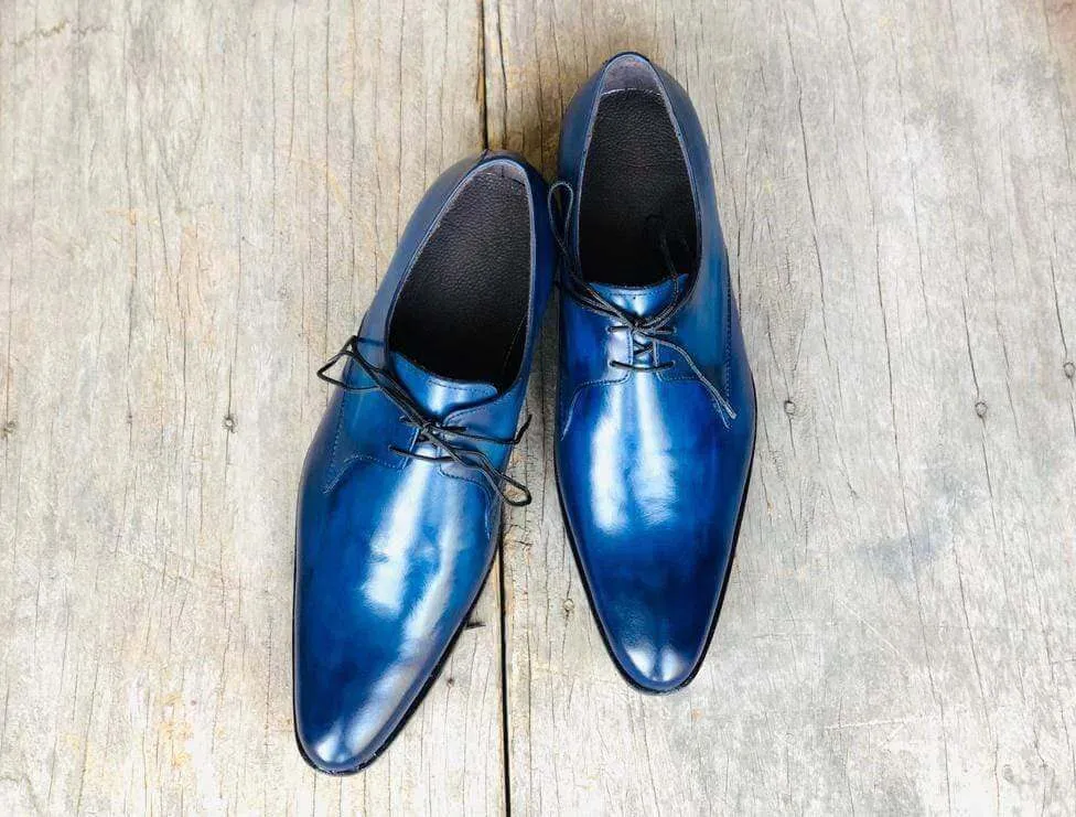 Men's Blue Leather Lace Up Derby Shoes