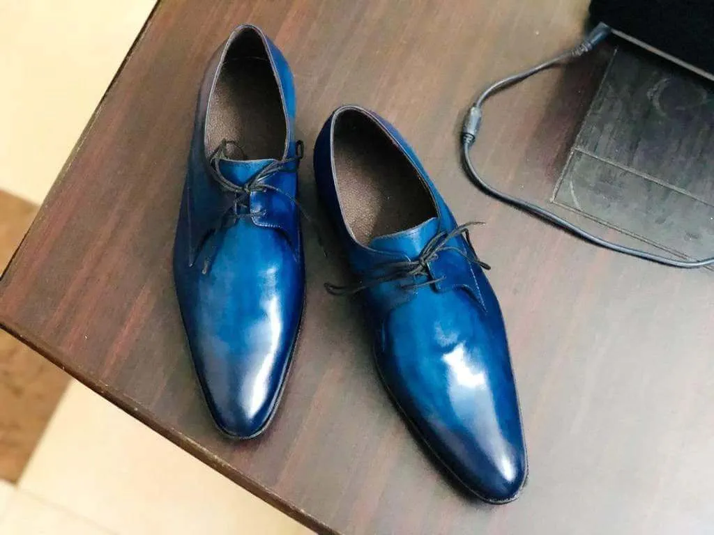 Men's Blue Leather Lace Up Derby Shoes