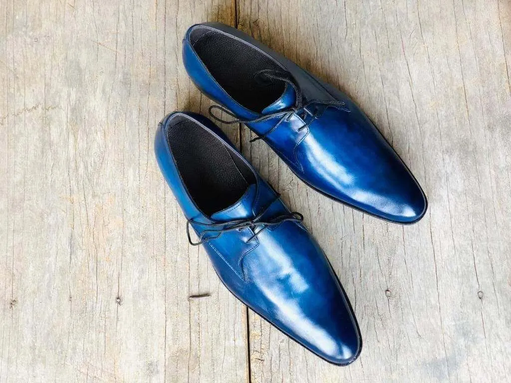 Men's Blue Leather Lace Up Derby Shoes