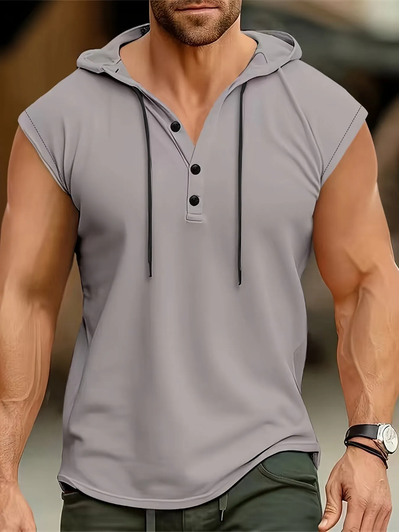 Men's Solid Color Henley Hooded Tank - Summer Fitness & Sports Wear