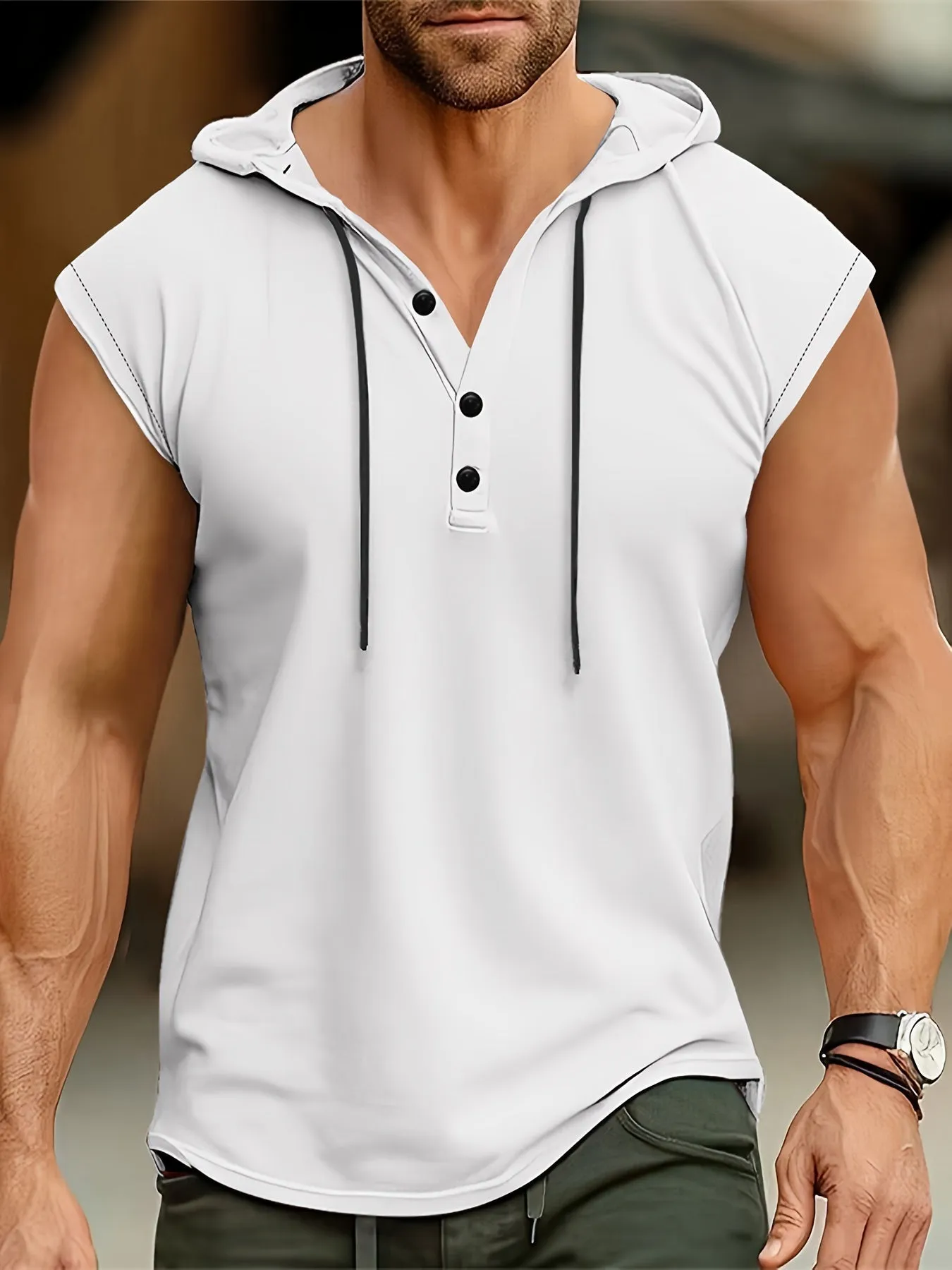 Men's Solid Color Henley Hooded Tank - Summer Fitness & Sports Wear