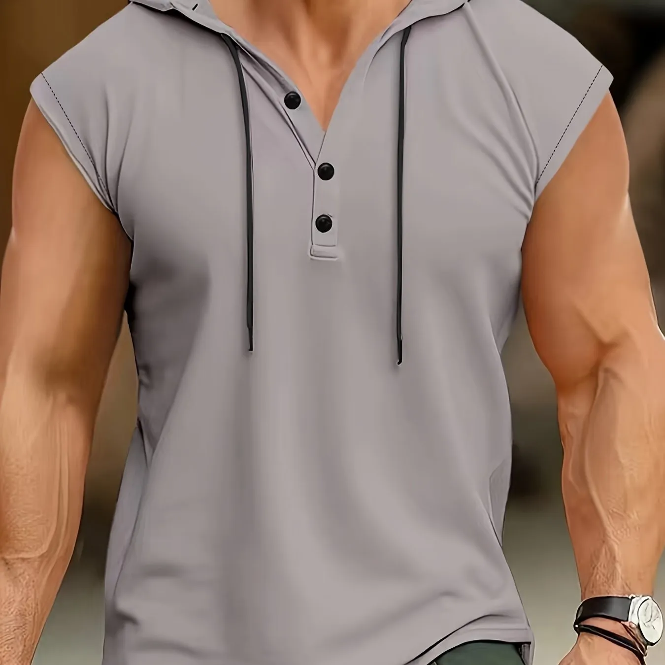 Men's Solid Color Henley Hooded Tank - Summer Fitness & Sports Wear