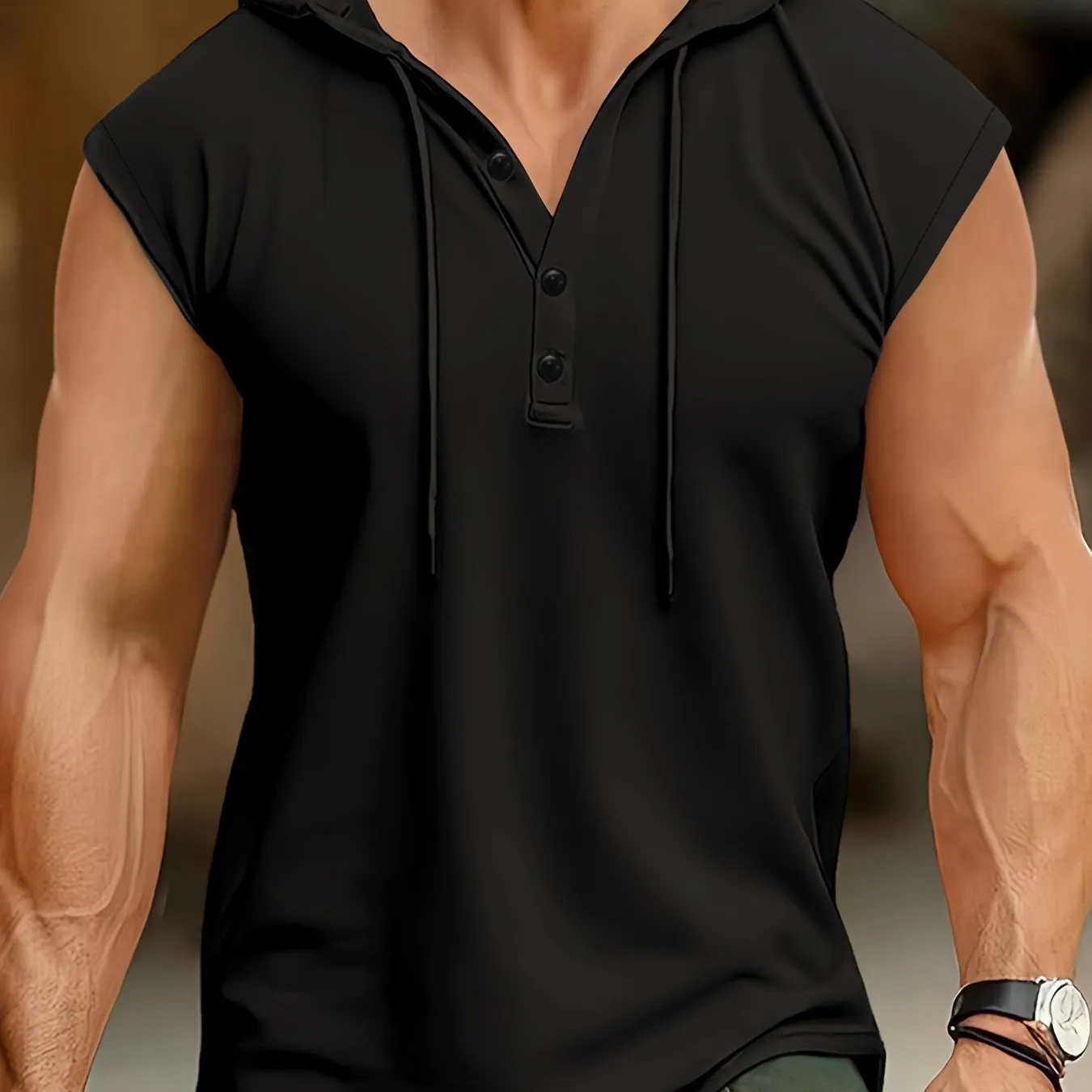 Men's Solid Color Henley Hooded Tank - Summer Fitness & Sports Wear