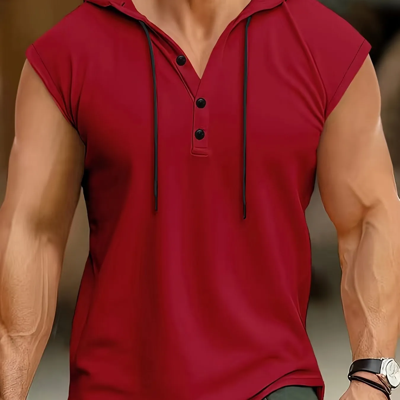 Men's Solid Color Henley Hooded Tank - Summer Fitness & Sports Wear