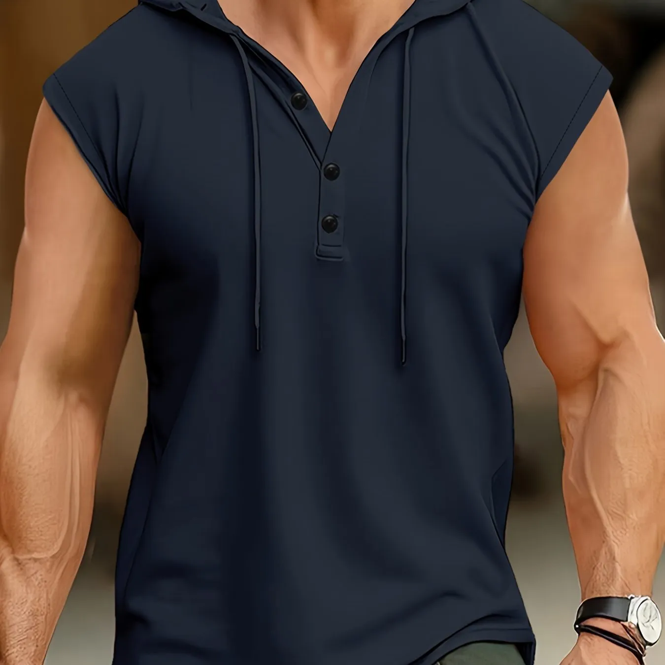 Men's Solid Color Henley Hooded Tank - Summer Fitness & Sports Wear