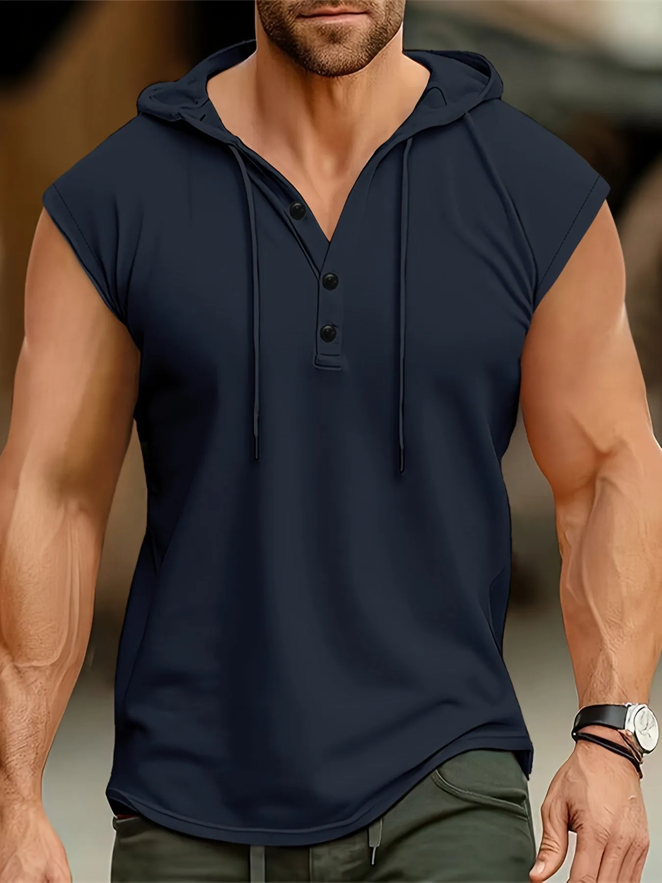 Men's Solid Color Henley Hooded Tank - Summer Fitness & Sports Wear