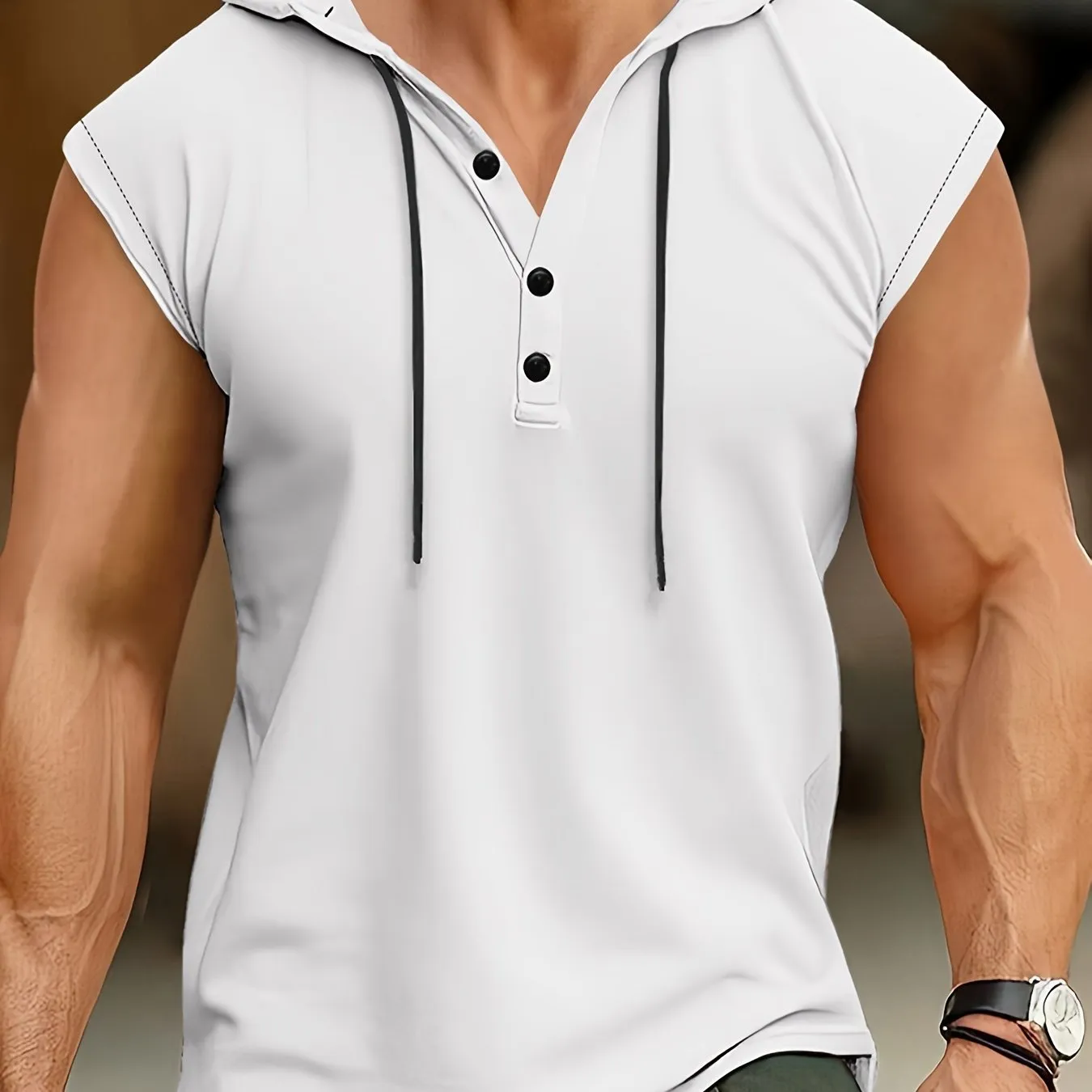 Men's Solid Color Henley Hooded Tank - Summer Fitness & Sports Wear