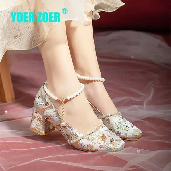 Mqtime Women's retro high heels Chinese traditional handmade Female vintage Mary Jane shoes Pearl single shoes women Embroidered shoes