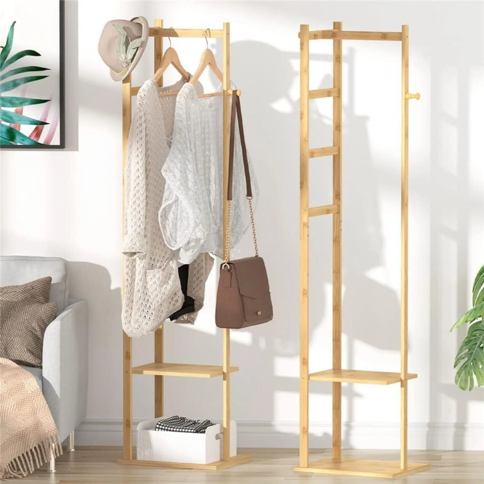 Natural Bamboo 2-Tier Clothing Rack with Hooks - EKKIO